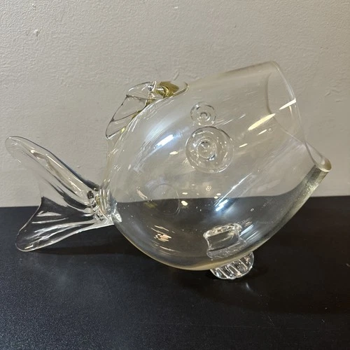 Vtg Mid Century Blenko Style Art Glass Hand Blown Clear Fish Vase Bowl Terrarium