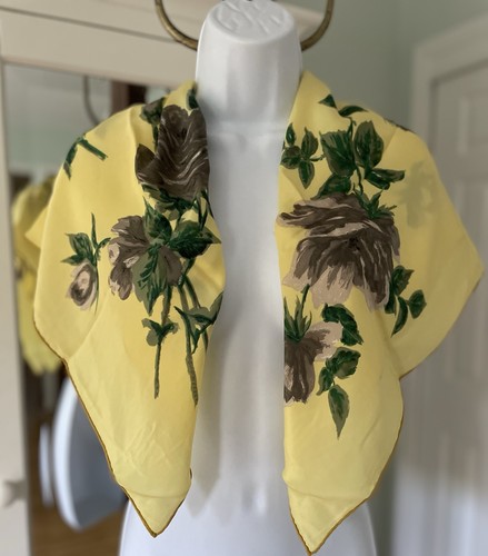 Vintage Glentex Silk Scarf- Yellow and Purple Roses - 31"- Rolled Hem- Japan - Picture 5 of 14