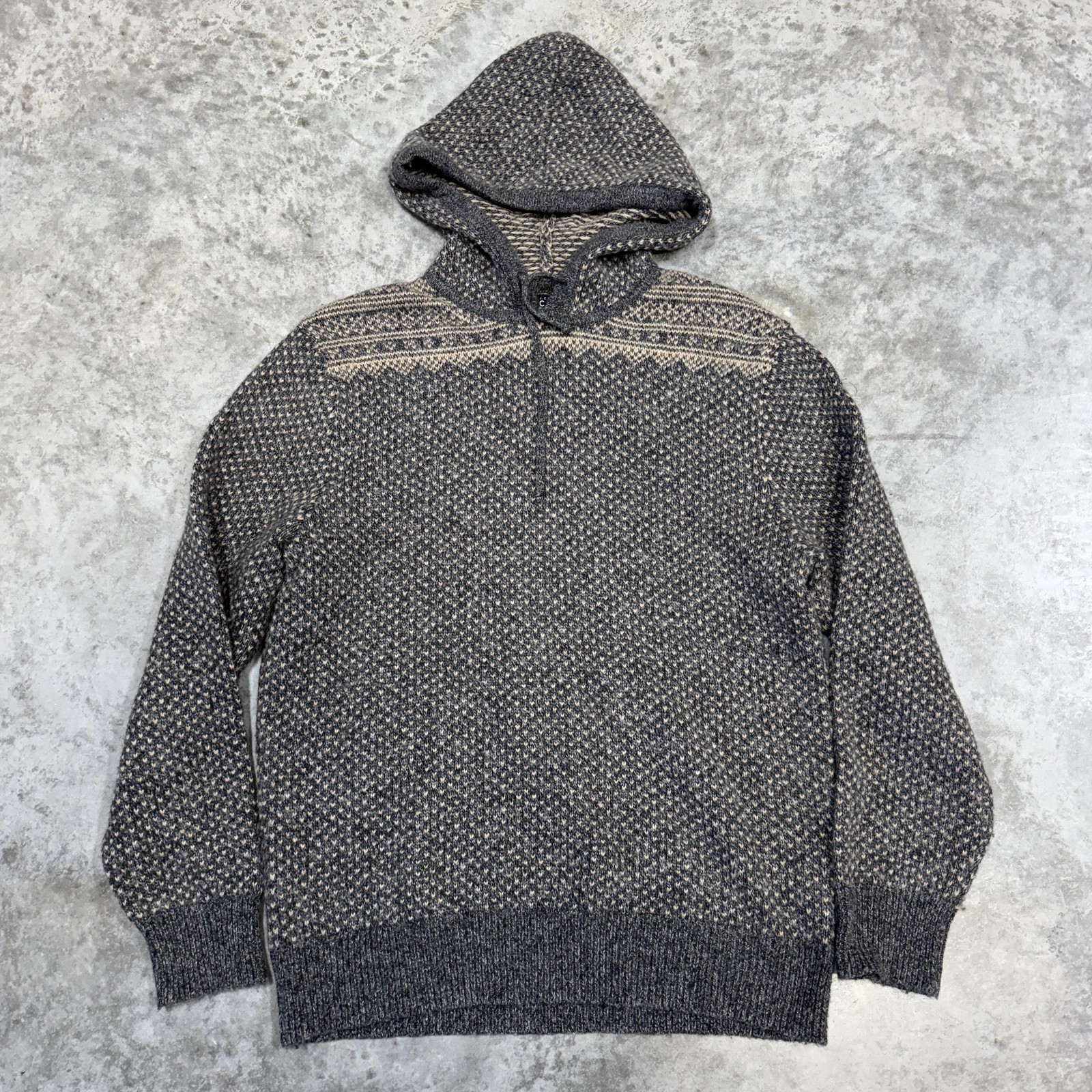 J Crew Mercantile Sweater Mens Large Gray Fair Isle Hooded Knit Wool Pullover