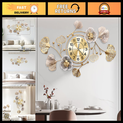 Large 3D Silent Wall Clock - Retro Metal Ginkgo Leaf Design for Living Room, Bed