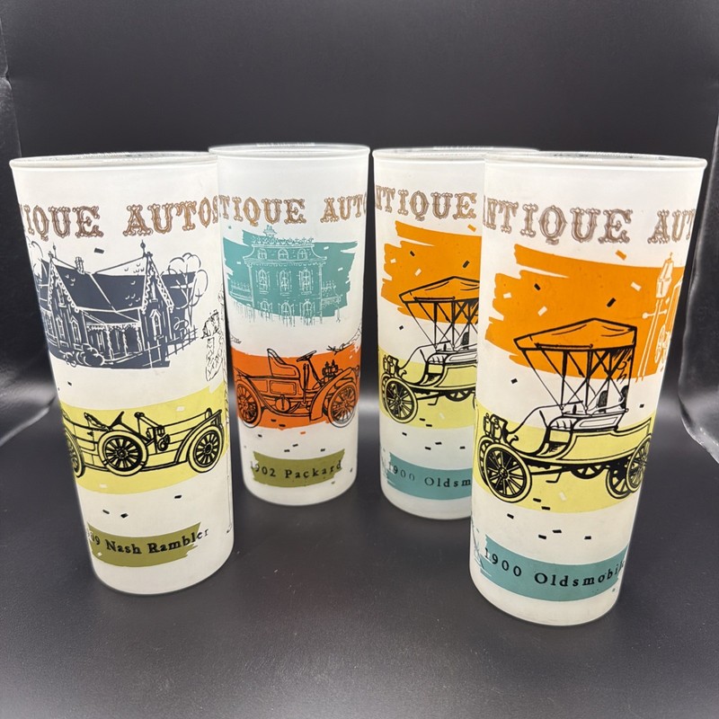 Anchor Hocking “Antique Autos” Frosted Highball Glasses