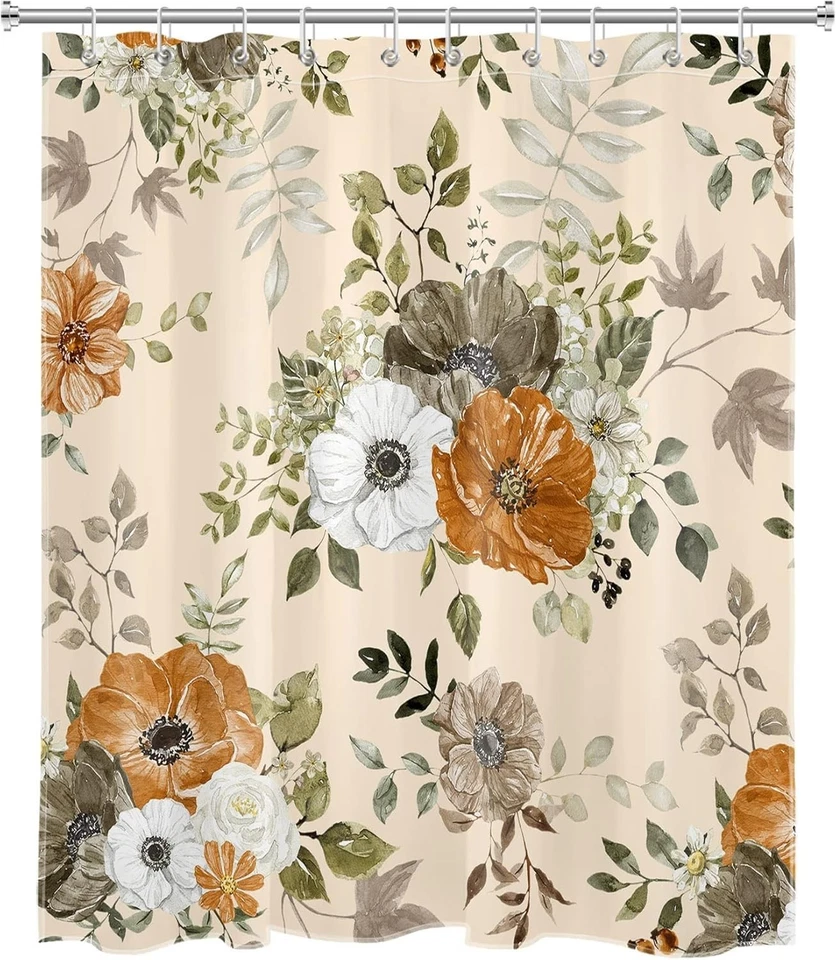 Fall Floral Shower Curtain, White Orange Wildflower and Grey Maple Leaf on Be... - Image 3 of 4