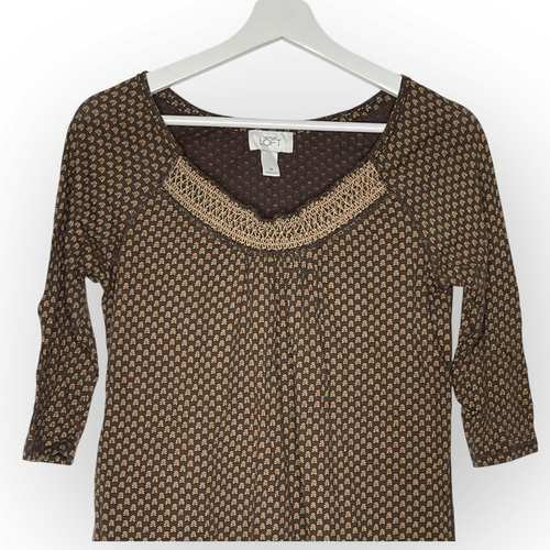 Ann Taylor Loft Brown Floral Smocked 3/4 Sleeve Top Blouse Women’s Size Medium - Picture 3 of 9