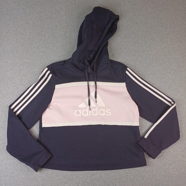 Adidas Hoodie Womens M Blue Pink Colourblock Cropped Fleece Pullover 3 Stripe