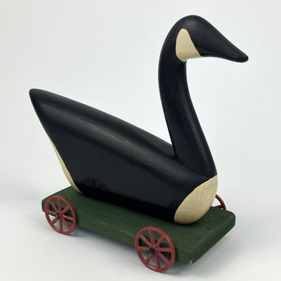 Hand Painted Carved Wooden Swan on Wheels by Ruik Keller | 8'' Black 1989