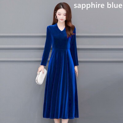 Lady Swing Dress Velvet Velour V-neck Long Sleeve Plain Workwear Oversized  | eBay