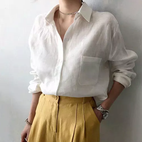 Mujeres Verano Lino Algodón Botones Blusa Prendas para el torso Informal Cuello Mangas Largas Camisa - Imagen 2 de 9