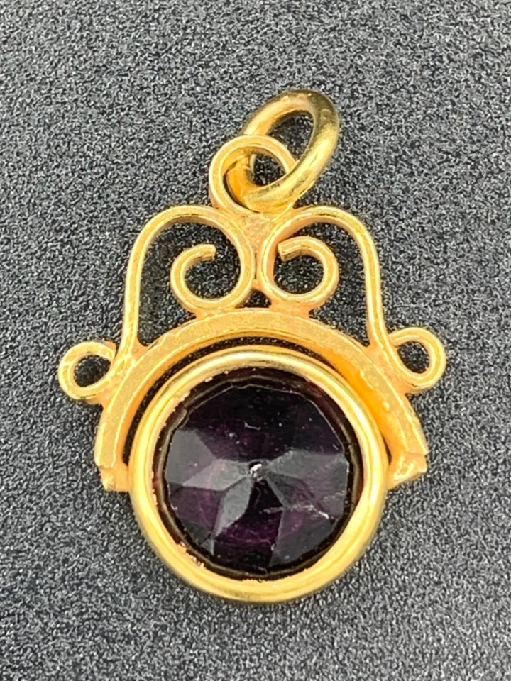 Gold Plated Watch Chain Pendant Swivel Spinner Fob Faceted Amethyst Glass c.1920 - Image 3 of 4