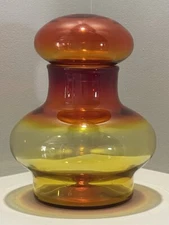 Blenko #7328 Lidded Apothecary Jar By John Nickerson In Tangerine 1973-1976