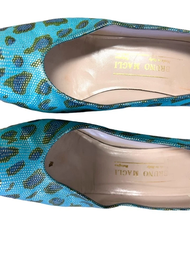 Zapatos De Colección Años 80 BRUNO MAGLI Azul Verde Dorado Estampado Animal Piel de Reptil Tacones 7N Foto 2 de 4