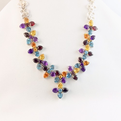 Genuine Gemstone Statement Necklace 106 Carats tw in Sterling Silver - Picture 3 of 4