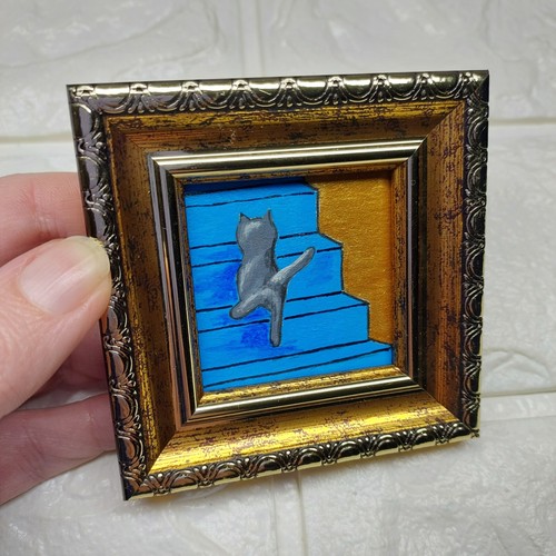 Graue Katze Gemälde Gerahmt Original Kunst Lustiges Kätzchen Handarbeit Kunst Mini Gemälde - Bild 5 von 11
