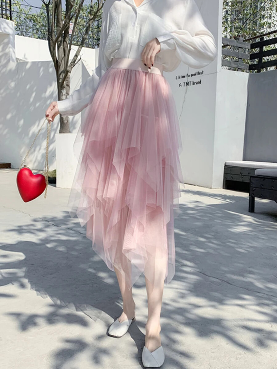 Elegant High Waist Mesh Tiered Midi Skirt for Women-image