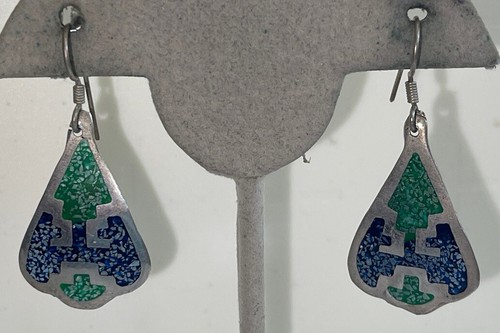 Pendientes perforados vintage de gancho verde y azul tono plata XV-65 - Imagen 1 de 7