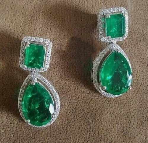 6Ct Pear Emerald & Lab Created Diamond Wedding  Earring 14Ct White Gold plated - Picture 2 of 5