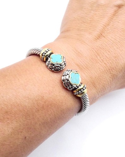 UNIQUE 18kt Gold Plated Cable Dots Texture Turquoise Clover Flower Cuff Bracelet - Picture 6 of 11