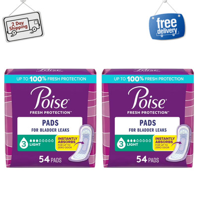 2Pack Poise Incontinence Pads for Women, 3 Drop Light Absorbency, Regular, 54 Ct
