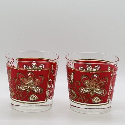 Vintage Libby MCM Tapestry Whiskey Lowball Glasses Set 2 Red & Gold Floral Leaf