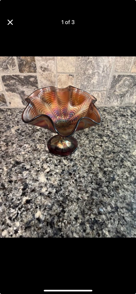 Vtg Fenton Peacock Tail Iridescent Ruffled Pedistal Bowl - Image 2 of 3