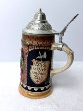 Vintage German Ceramic Beer Stein Pewter Lid Relief Tavern Scene Mug