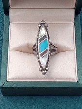 Native American Turquoise, Mother of Pearl  Onyx Sterling Silver Ring: Size 6