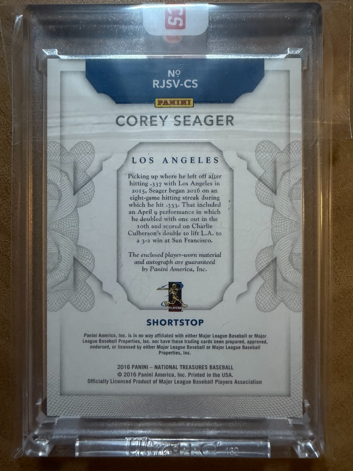 2016 Panini National Treasures Corey Seager Rookie Patch Auto /49 RJSV-CS view 2