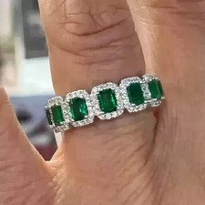 Natural Green Emerald 2Ct Emerald Cut Women's Wedding Ring 14K White Gold Plated