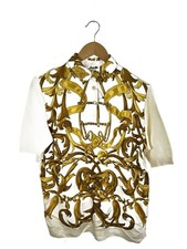 HERMES Polo Shirt M Silk All-Over Pattern White Scarf Contrast Design Size Fit