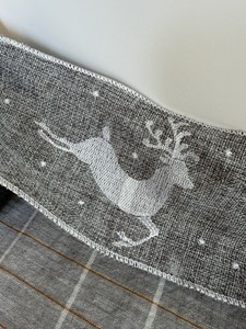 D. Stevens Christmas 4” Wired Ribbon Embroidered Reindeer 7yds Taupe/White