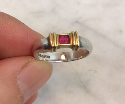 Vintage TIFFANY CO Sterling Silver 18K Gold Ruby Ring Size