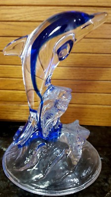 1 ONLY! COBALT & CRYSTAL Art Glass DOLPHIN LEAPING WAVES Figurine