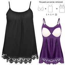 Women's Tank Tops with Built in Padded Bra Cotton Shirred Flowly Relaxed Vest US