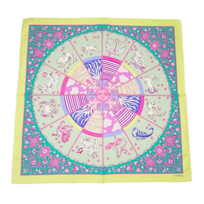 Women's E.Marinella Napoli Lime Green and Pink Zodiac Sign Print Silk Scarf