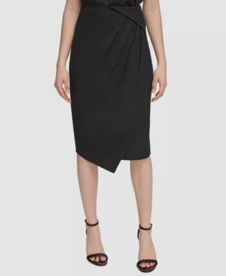 Calvin Klein Black Women's Angled-Hem Pleated Midi Skirt Size 10