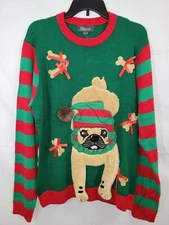 Pug Dog Wearing Striped Stocking Hat Men or Women Ugly Christmas Sweater Size: L