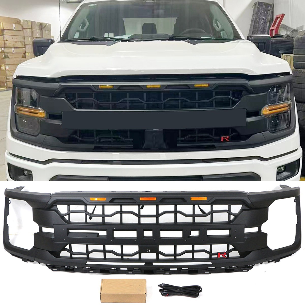 Black Front Grille Fits For 2024 2025 Ford F-150 F150 XL XLT STX TREMOR W/LEDBAR
