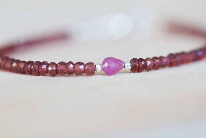 Zaffiro e Granato pietre preziose perline argento sterling 925 bracciale... - Immagine 2 di 4