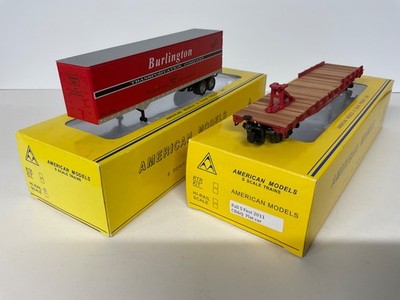 S Gauge American Models CB & Q Flat Car and Burlington Transportion Semi Trailer