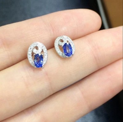 1Ct Oval Cut Simulated Sapphire Push Back Stud Earrings In 14k White Gold Plated