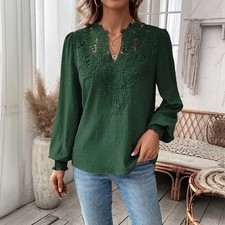 Women V Neck Lace Floral Shirts Tops Ladies Casual Puff Long Sleeve OL Blouse