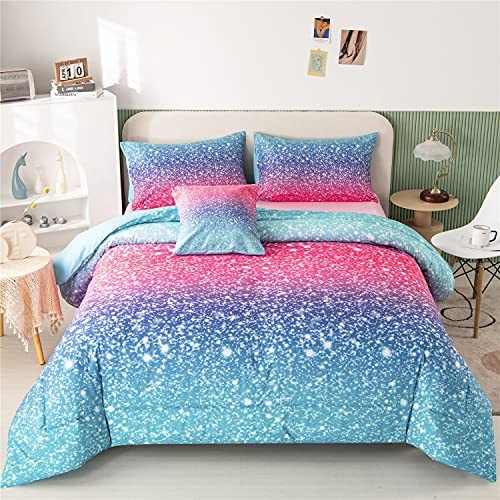 RYNGHIPY 6Pcs Gradient Glitter Comforter Sets for Teen Girls Full Size, Colorful