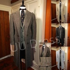 Vintage Men Long Overcoat Formal Business Wide Peak Lapel Tweed Herringbone Coat
