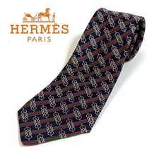 HERMES Necktie striped burgundy pattern 100% Silk tie made in France M7221