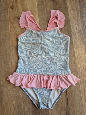 Beauford Bonnet Girls Swimsuit One Piece Pink Ruffle Ocean Waves Sz 7