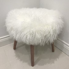 COSY ROUND BLEACH WHITE GENUINE MONGOLIAN SHEEPSKIN WOOL STOOL CHAIR WOODEN LEGS