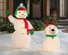 45" POP UP SNOWMAN AND SNOWDOG LIGHTED TINSEL YARD DECOR