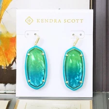 NWT Kendra Scott Elle Enamel Sea Green Chrysocolla Earrings Gold Plated