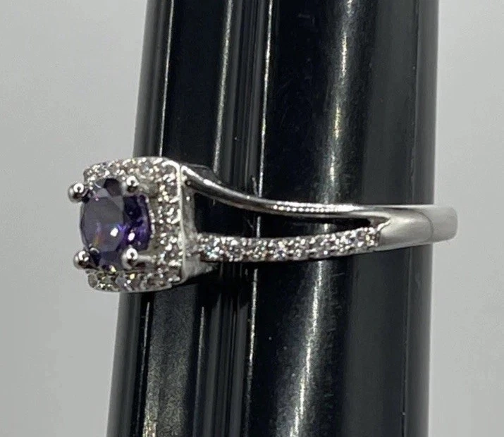 Purple Amethyst Round Stone CZ Square Halo Sterling Silver Ring Size 7.25 Women - Image 3 of 4