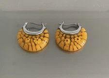 Yellow Murano Millefiori Style Glass 1" Hoop Earrings Stainless Steel