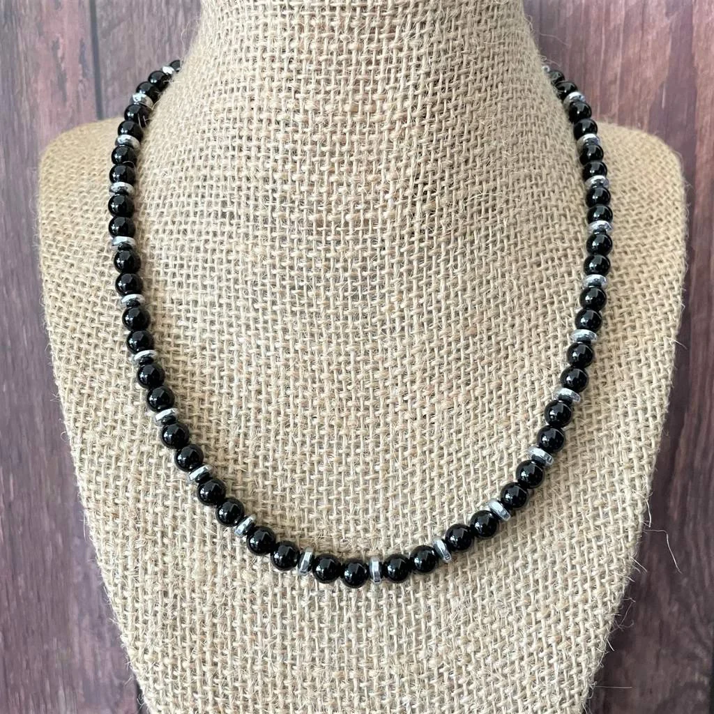 Mens Black Onyx and Silver Hematite Rondelle Beaded Necklace eBay